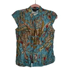 Vintage Citron Santa Monica Linen Silk Satin‎ Top Size S Blue Floral Frog Knots